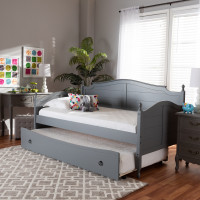 Baxton Studio MG0030-Grey-Daybed Mara Cottage Farmhouse Grey Finished Wood Twin Size Daybed with Roll-Out Trundle Bed